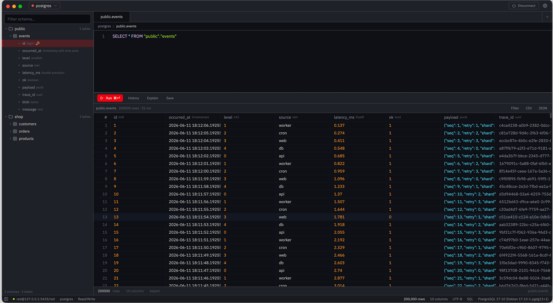 RED streaming a 200,000-row result into the grid