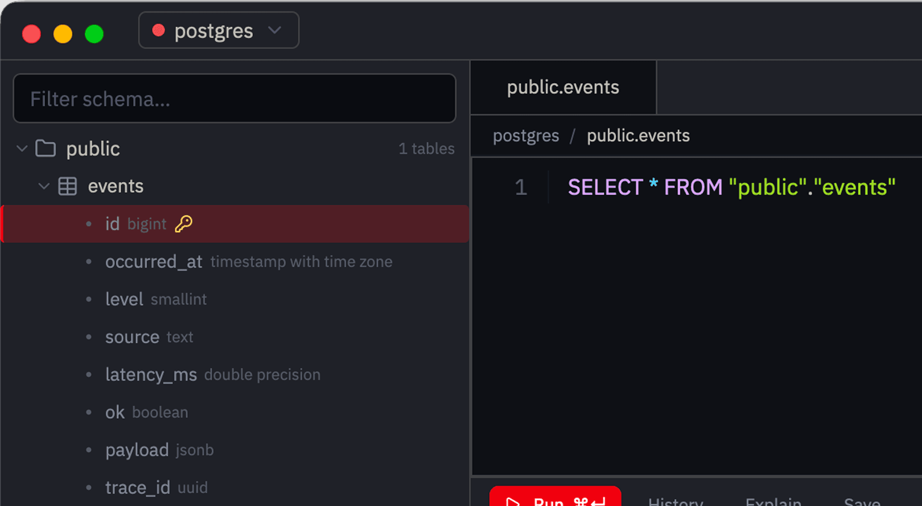 Schema explorer screenshot