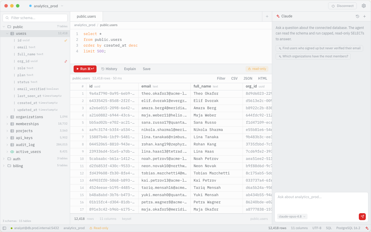 RED's connected workspace - schema sidebar, SQL editor, a virtualized result grid streaming millions of rows, and the read-only AI agent.