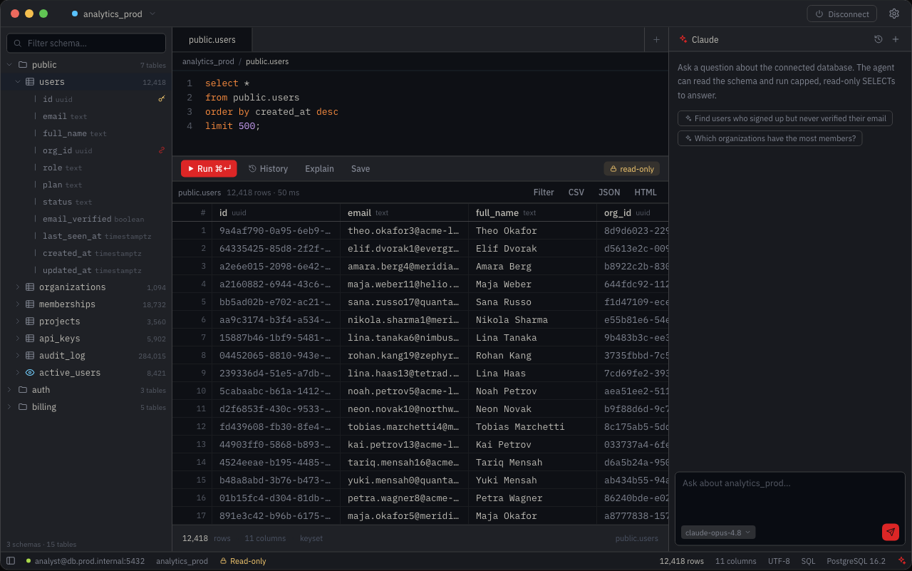 RED's connected workspace - schema sidebar, SQL editor, a virtualized result grid streaming millions of rows, and the read-only AI agent.